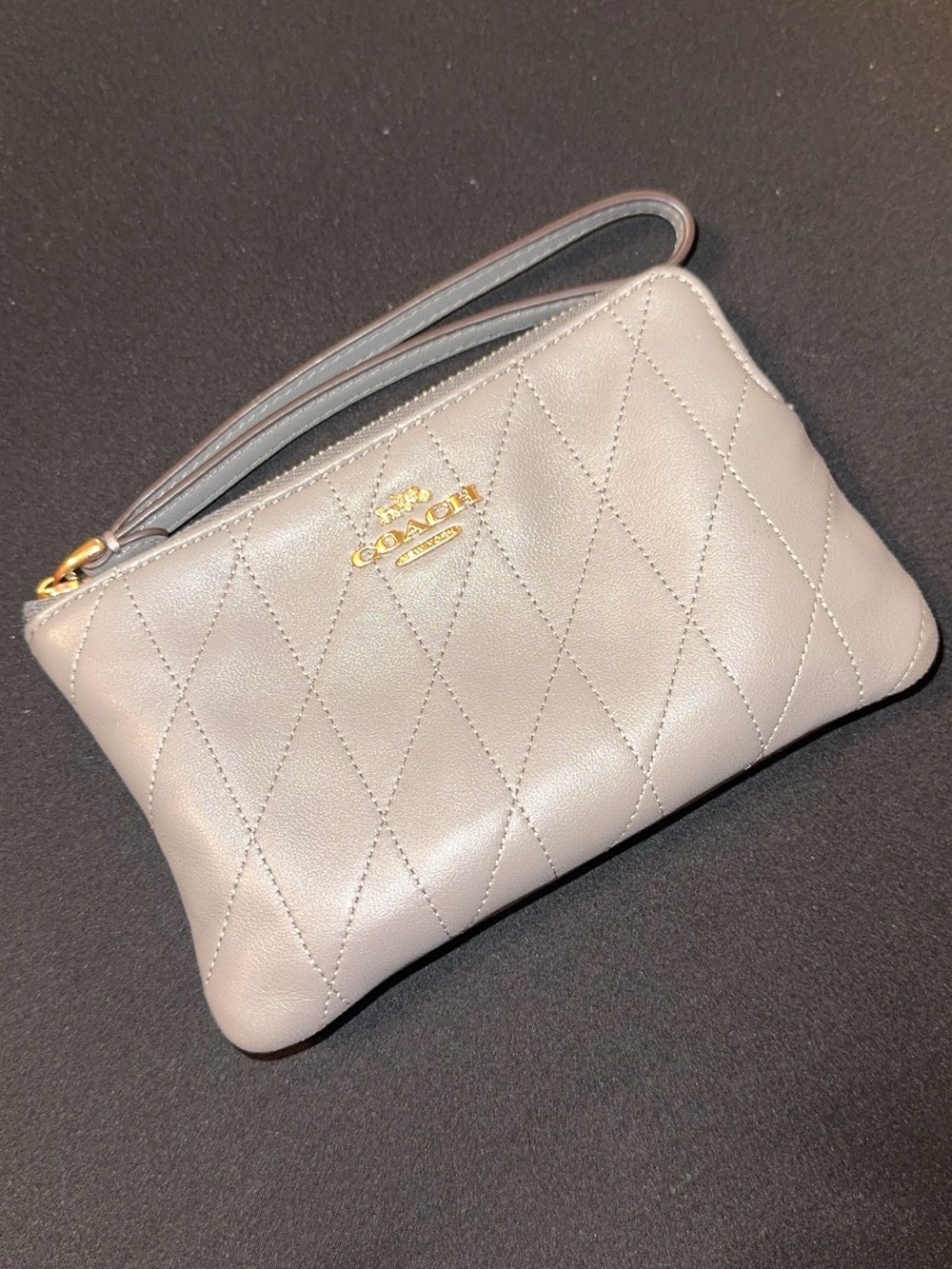 Coach Quilted Leather Wristlet in Light Gray with Gold Hardware